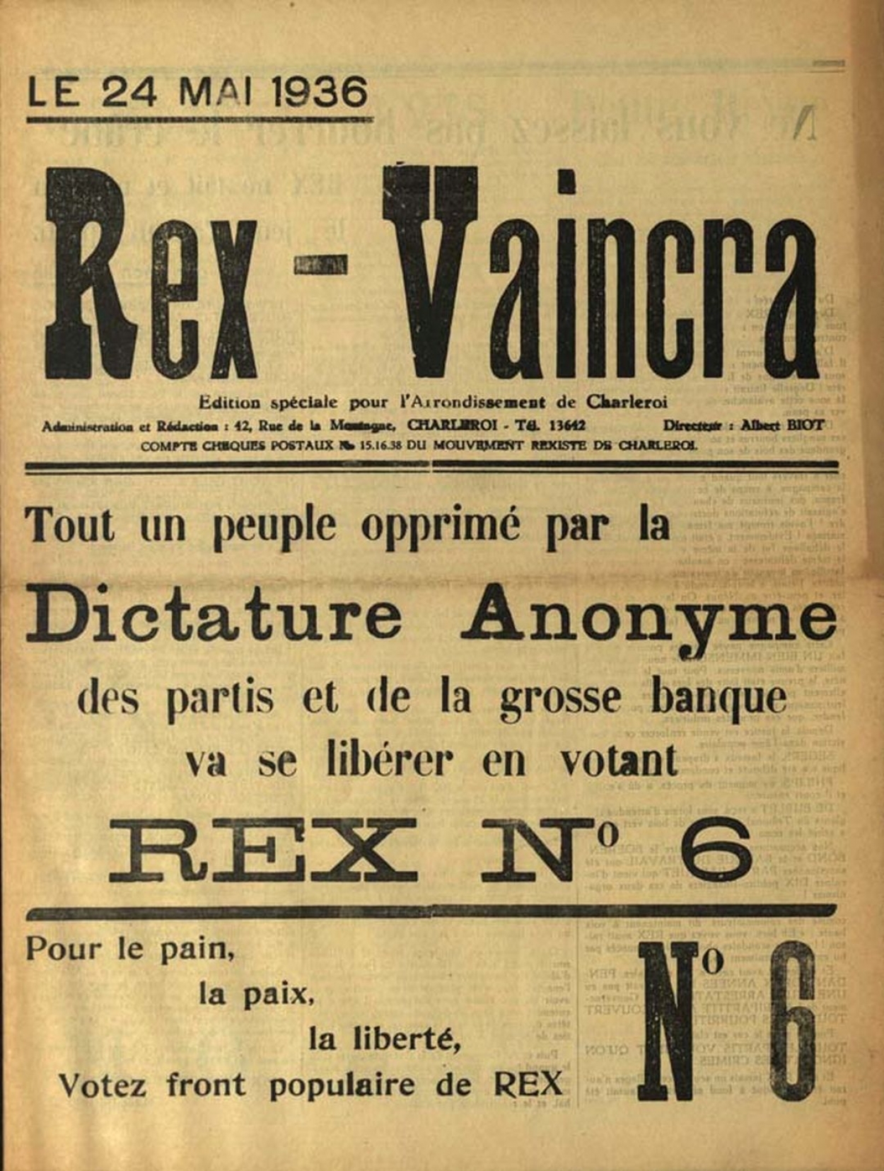 Rex-Vaincra : édition spéciale pour l'arrondissement de Charleroi, 24 mai 1936