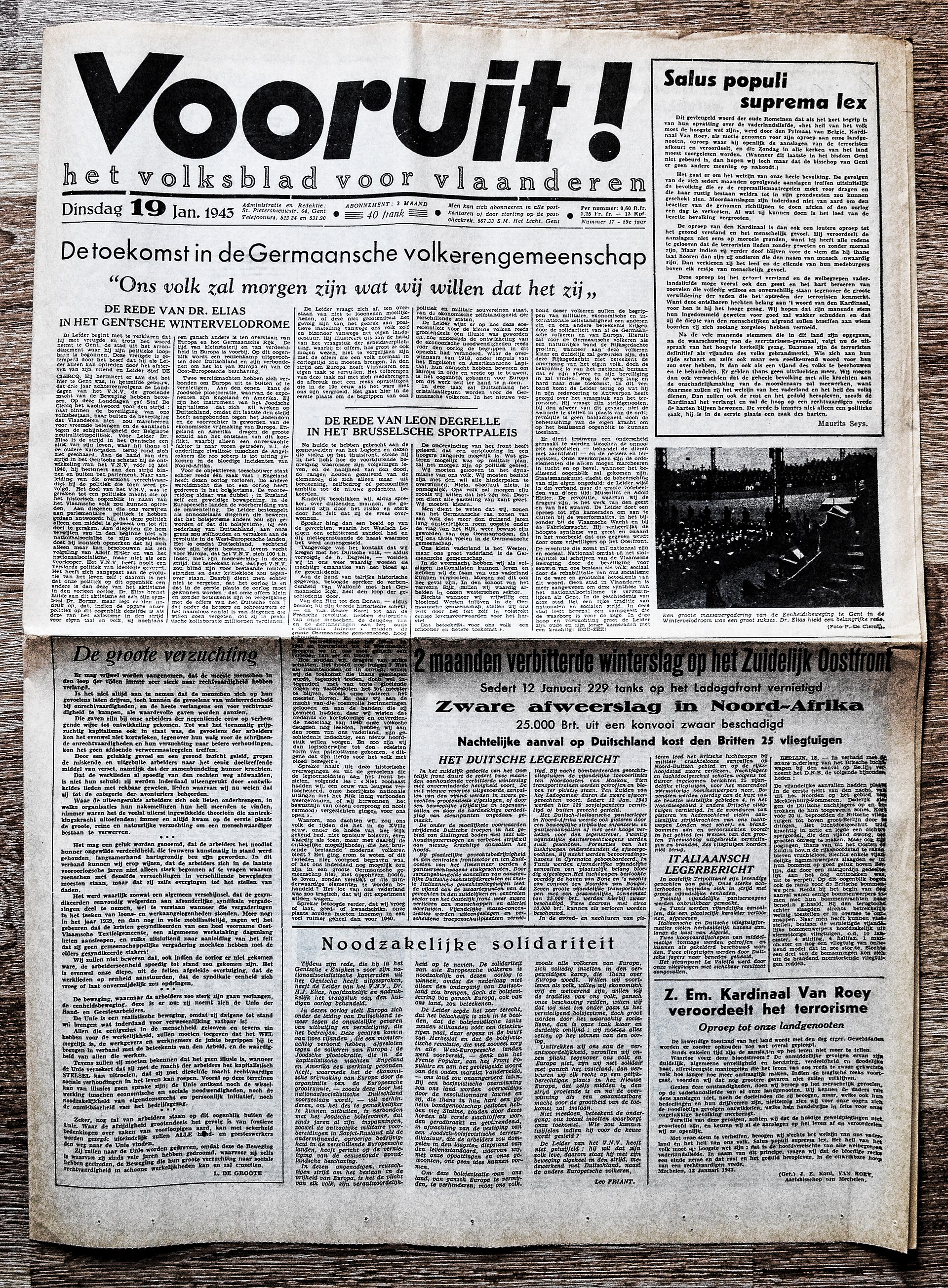 Couverture du quotidien Vooruit : 19 janvier 1943